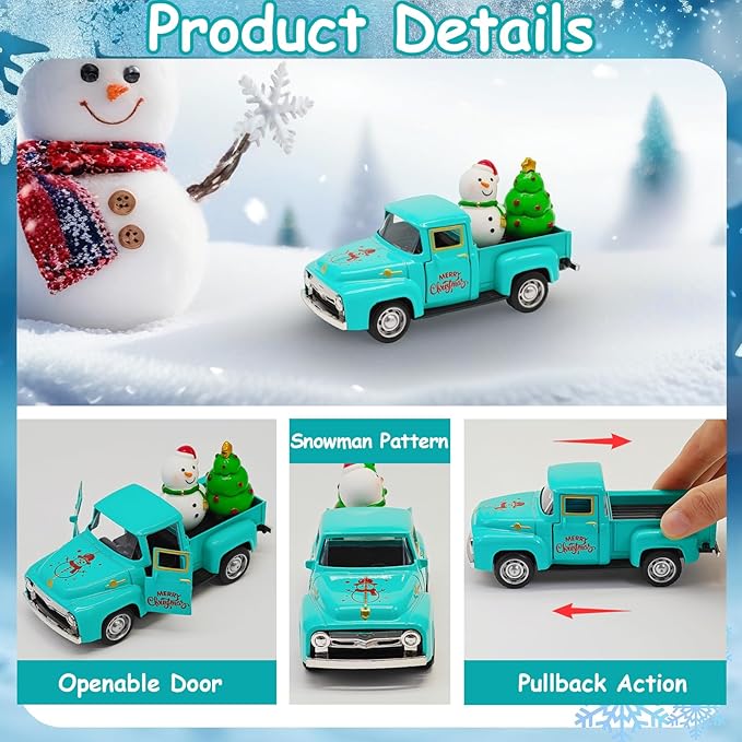 Vintage Blue Christmas Truck Decor – 4.9″Retro Die-Cast Metal Pickup with Snowman and Christmas Tree Figurines for Xmas Town Village Accessories Set Display Home indoor Decoration Gift(Xmas-Blue)