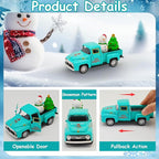 Vintage Blue Christmas Truck Decor – 4.9″Retro Die-Cast Metal Pickup with Snowman and Christmas Tree Figurines for Xmas Town Village Accessories Set Display Home indoor Decoration Gift(Xmas-Blue)