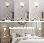 Set of 2 Rustic Touch Table Lamps for Bedroom 2 USB C+A | 3-Way Dimmable Nightstand Flower Lamp, Retro White Glass Shade Leaf Lamp for Living Room Entryway, 2 LED Bulb Included