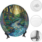 Stained Glass Theme Decorative Ceramic Plate Round Porcelain Plate,10 inch,Sunrise Forest Stream Pattern,for Decorative Ornaments Giving Plates, 1 Plate with 1 Display Stand,Green Blue Gold