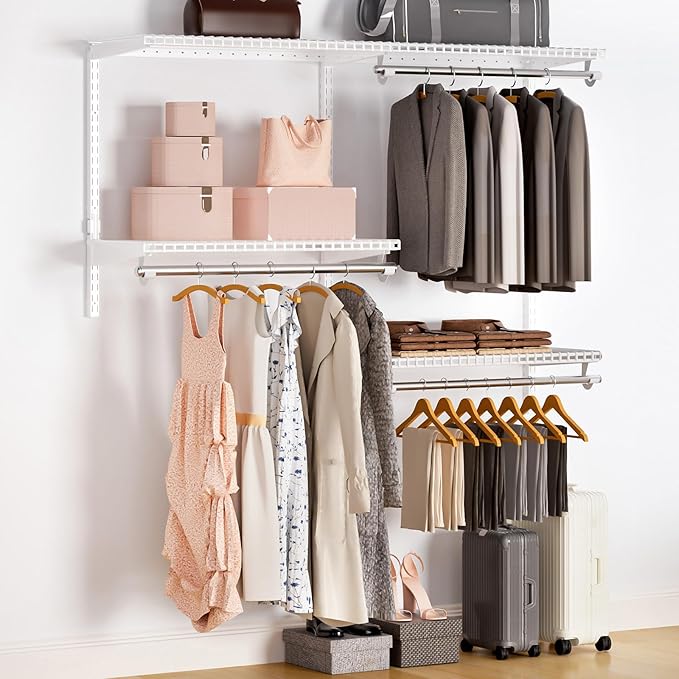 Wire Closet Organizer System, Wall Mounted 4.4 Ft. Custom Closet Kit for Bedrooms Laundry Mudroom Garage Basement, Adjustable Storage Shelves for Clothes Shoes Handbags