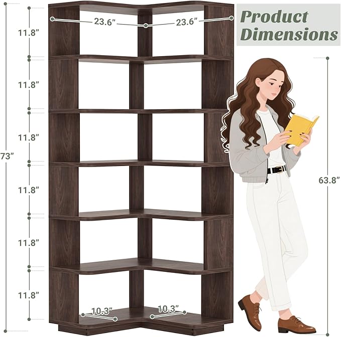 Armocity Corner Book Shelf - 7 Tier Corner Bookshelf Etagere Bookcase with Baffle, Freestanding L Shaped Display Shelf Stand for Home Office, Living Room, Bedroom, Kitchen, Black Walnut
