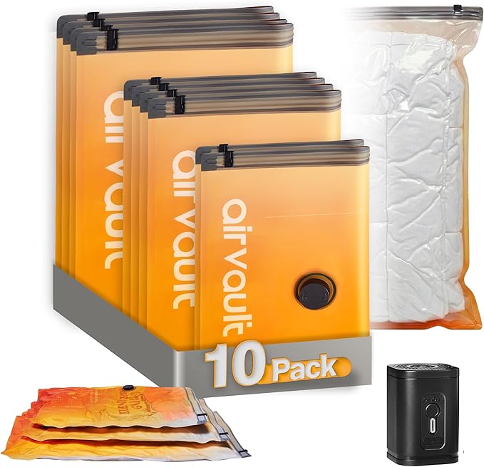 AirVault Vacuum Storage Bags for Travel & Home - Space Saver Compression Packing Bags Set for Clothes, Blankets & Seasonal Storage, Small (2), Medium (4), Large (4) (Orange,10-Pack Combo)