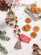 Christmas Wood Bead Garland with Tassels, Rustic Farmhouse Tiered Tray Holiday Decorations, Red and White Wooden Bead with Jute Rope Plaid Tassel, Country Xmas Home Decor (Xmas Red & Green & White)