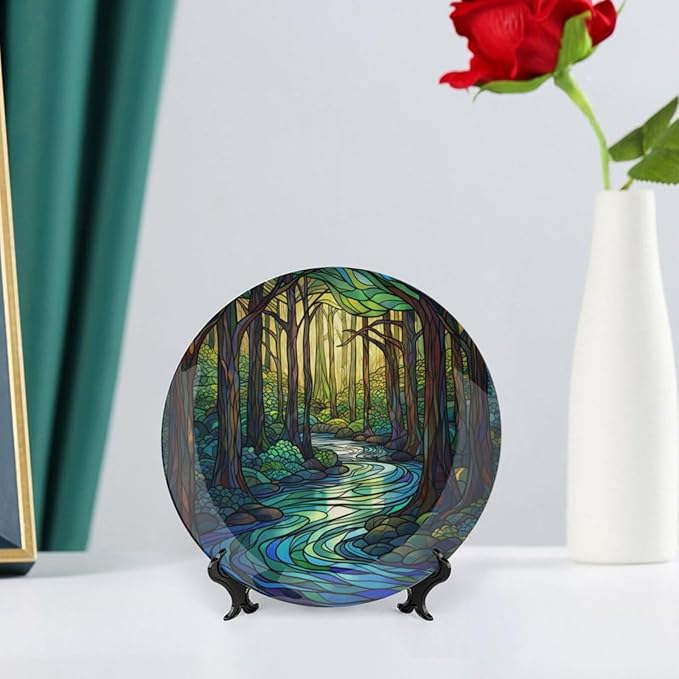 Stained Glass Theme Decorative Ceramic Plate Round Porcelain Plate,7 inch,Sunrise Forest Stream Pattern,for Decorative Ornaments Giving Plates, 1 Plate with 1 Display Stand,Green Blue Gold