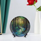Stained Glass Theme Decorative Ceramic Plate Round Porcelain Plate,8 inch,Sunrise Forest Stream Pattern,for Decorative Ornaments Giving Plates, 1 Plate with 1 Display Stand,Green Blue Gold