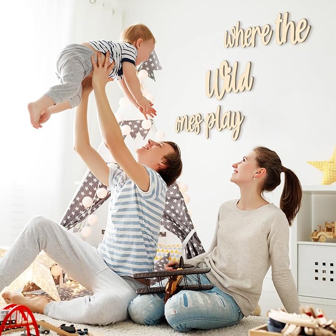 Kigley 5 Pcs Playroom Wall Decor 15.4" x 18" 3D Where The Wild Ones Play Nursery Sign Wooden Wall Art Decoration for Kids Toddler Room Decor Boys and Girls Kindergarten Bedroom Word Sign(Wood Color)