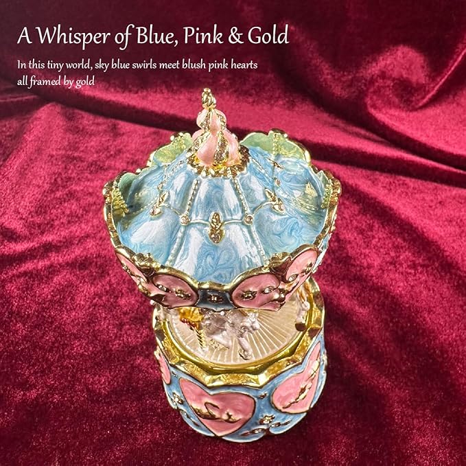 Carousel Music Box Figurine, Blue/Pink Enamel, Heart & Rose Golden Details, Ideal Home Decor & Gift Giving