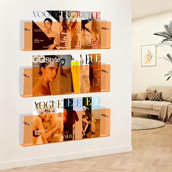 2-Pack 17 Inch Orange Acrylic Magazine Holder, Sleek Wall Mounted Brochure Rack & Floating Bookshelf, Modern Vibrant Magazine Display for Office, Waiting Room, Living Room, Fashion Home Decor
