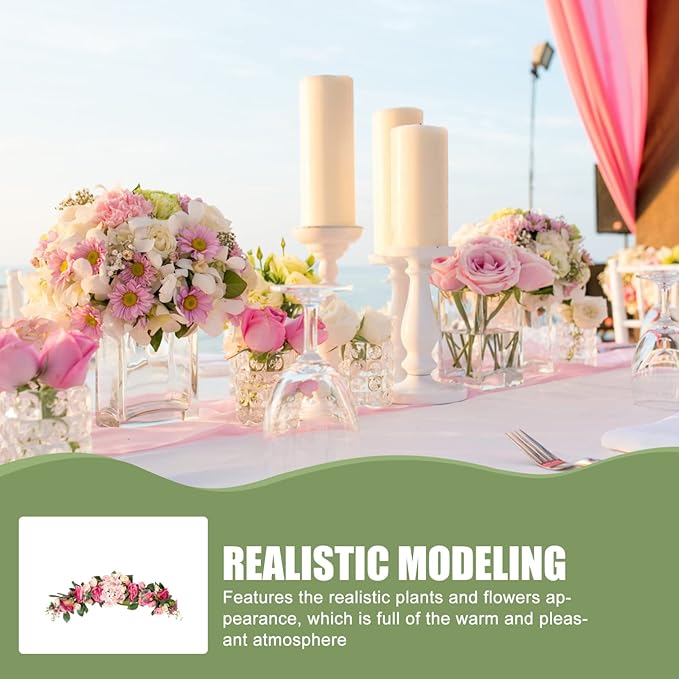 LIFKOME Wedding Arch Flowers Rustic Artificial Rose Flower Swag Door Wreath for Lintel Home Wall Decor 28X6X3 Inches Pink Green Leaves