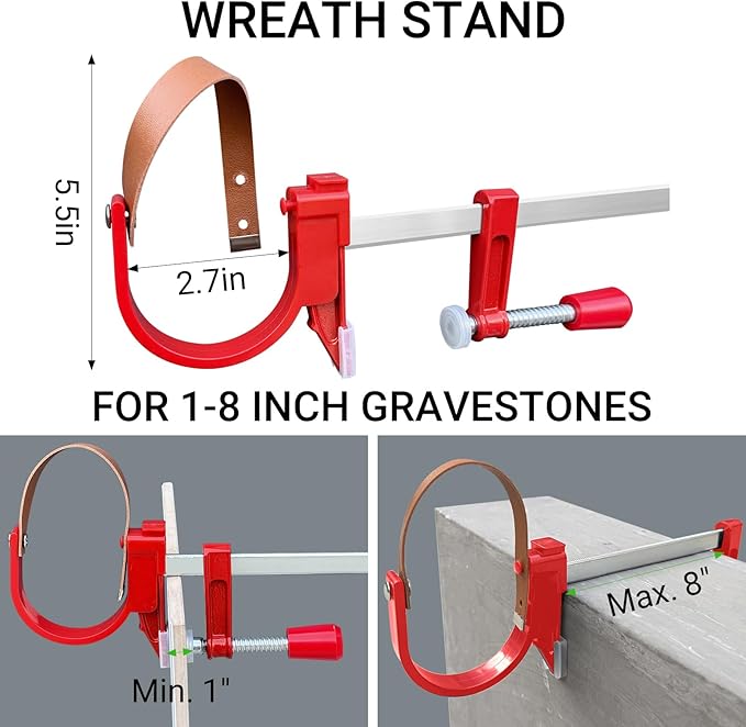 Cemetery Wreath Holder,2-Pack Headstone Wreath Hanger,Sturdy Steel with Locking Buckle,Easily Holds 20 lbs,Grave Marker Decor for Mother's Day,Memorial Day,for 3-8 inch Tombstones,Red,Never Blown Away