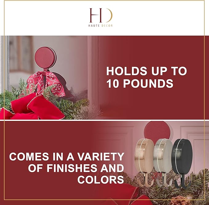 Haute Decor Attract Magnetic Wreath Hanger Hook (Red) - for 2 Metal Doors/Surfaces or 1 Single-Pane Glass Door or Window - Holds up to 10lbs.