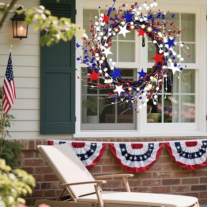 Patriotic Wreaths for Front Door with Lights, 20inch 4th of July Wreaths Red White and Blue Berry Star Summer American Flag Wreath for Independence Day Flag Day Memorial Day Window Wall Decor