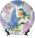 Flower Theme Decorative Ceramic Plate Round Porcelain Plate,10 inch,Bird Watercolor Pattern,for Decorative Ornaments Giving Plates,1 Plate with 1 Display Stand,Blue Purple