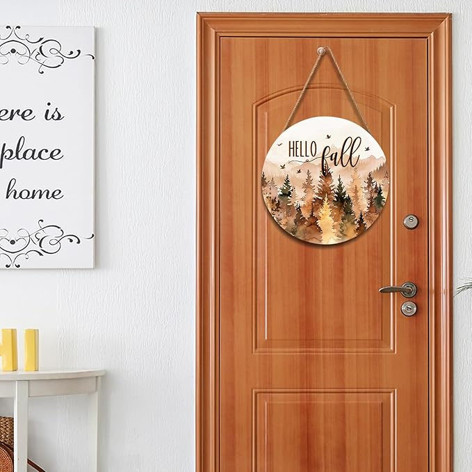 Hello Fall Wreath for Front Door Outside Autumn Thanksgiving Welcome Sign Fall Forest Trees Wood Door Hanger 12x12 Inch Rustic Farmhouse Indoor Outdoor Decor for Home Porch Wall Hanging Plaque
