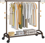 Heavy Duty Clothes Rack for Hanging Clothes Extendable Rolling Clothing Rack for Hanging Clothes 51 to 71" W x 16.53" D x 65" to 71" H 350lbs Snap Adjust Height Coat Rack