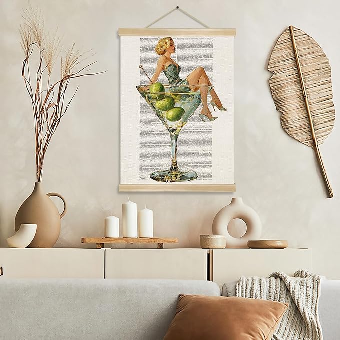 Martini Girl Wall Art, Vintage Glam Cocktail Poster, Retro Fashion Woman in Martini Glass Canvas Print, Chic Bar Lounge Wall Decor for Dining Room Kitchen or Home Office,Holiday Gift for Women 14x18.5 Inch (Begei-Woman02)