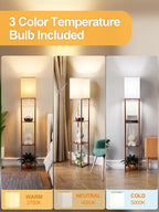 Floor Lamp with Shelves for Living Room Walnut Brown, Shelf Floor Lamp with 3 CCT LED Bulb, Corner Display Standing Column Lamp Etagere Organizer Tower Nightstand with White Linen Shade for Bedroom