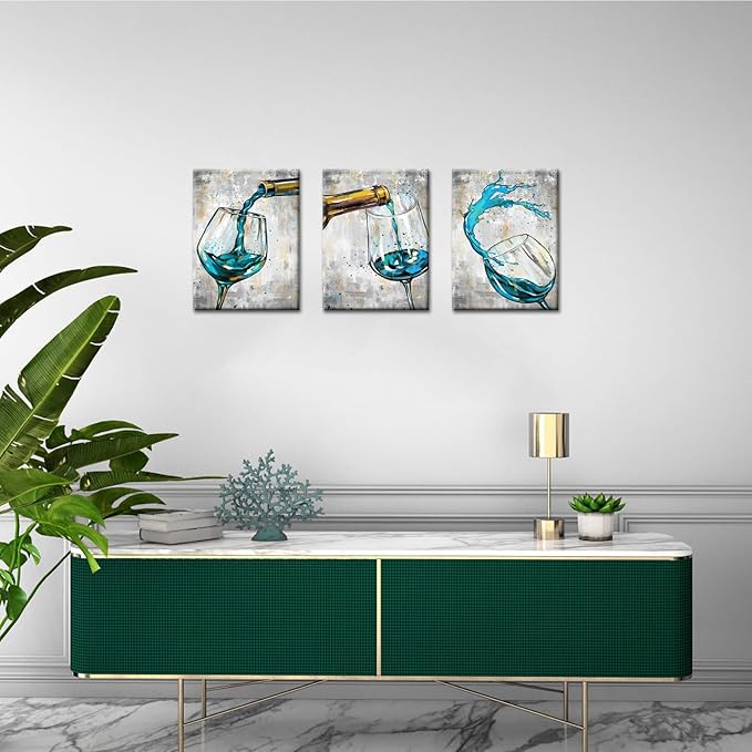 Conipit Wine Wall Art Teal Grey Wall Decor Teal Wineglass Pictures Vintage Wine Canvas for Kitchen Dining Room Framed Giclee Modern Wall Decor 12x16inch per each
