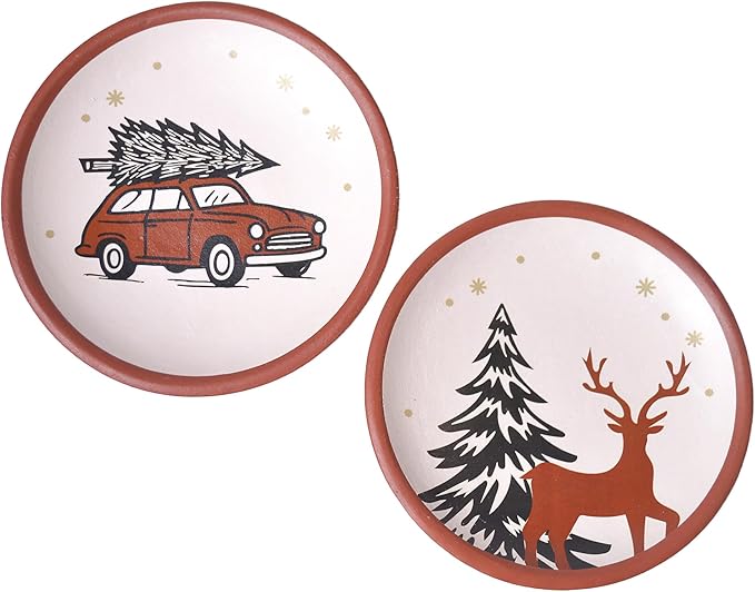 FINE LIVING 8 Inch Terracotta Winter Plates Set of 2, Ceramic Wall Hanging Clay Decorative Plates for Winter Decorations, Round Wall Decor for Living Room & Kitchen