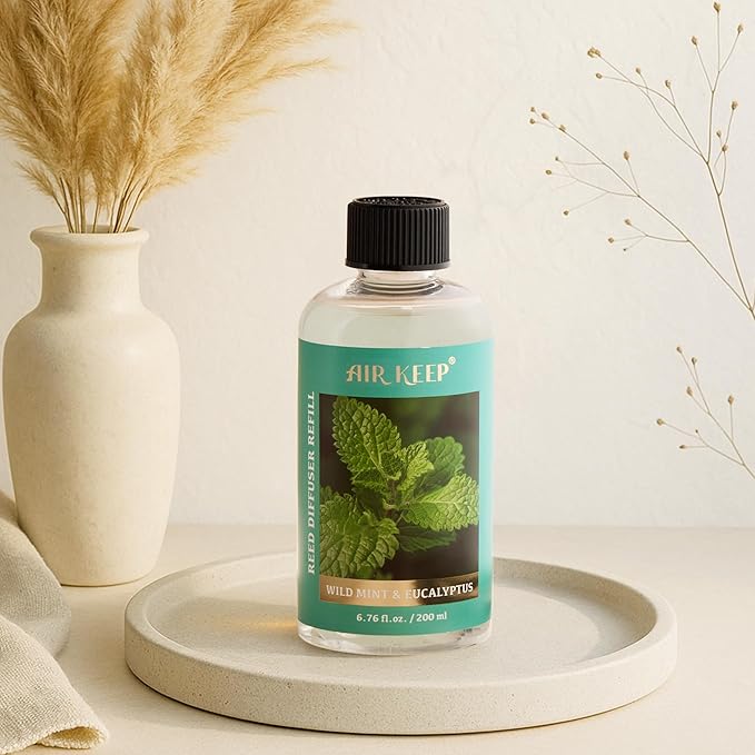 Airkeep Reed Diffuser Oil Refill with Diffuser Sticks, 6.76 Fl Oz(200ml) Wild Mint&Eucalyptus Scented Oils, Aroma Therapy, Home Fragrance & Air Freshener, Office Décor, Decoration