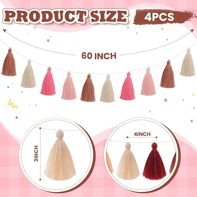 WILLBOND 4 Pieces Tassel Garland Rose Red Pink Brown Khaki Tassel Garland for Classroom Wall Decor Boho Pastel Cotton Banners for Party School(3.1 Inch, Rose Red, Pink, Brown, Khaki)