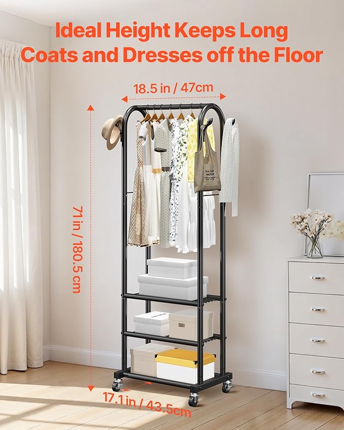 VEVOR Clothes Rack, Rolling Clothing Garment Rack with Hanging Rod and Side Hooks, 3 Storage Shelves, 99 lbs Load Capacity, Heavy Duty Carbon Steel Clothing Racks for Bedroom, Laundry, Living Room
