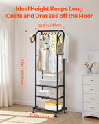 VEVOR Clothes Rack, Rolling Clothing Garment Rack with Hanging Rod and Side Hooks, 3 Storage Shelves, 99 lbs Load Capacity, Heavy Duty Carbon Steel Clothing Racks for Bedroom, Laundry, Living Room