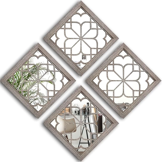 Wocred Set of 4 Mirrors Square Wall Mirror,Gorgeous Rustic Farmhouse Accent Mirror,Barn Wood Color Entry Mirror for Bathroom Renovation,Bedrooms,Living Rooms and More(12”x12”-4pcs)