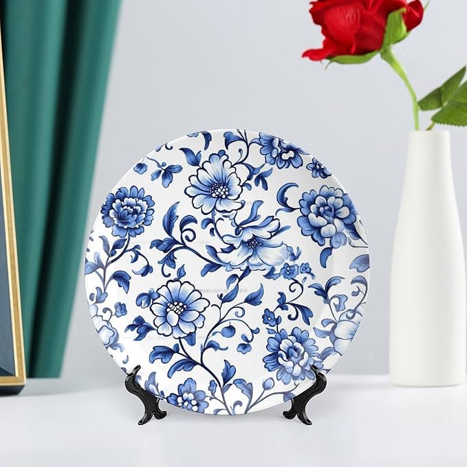 Blue Ceramic Decorative Plate, Pattern Decorative Dish with Stand, Floral Design Bone China Decorative Plates Art Porcelain Plate for Living Room Hallway Table Decor