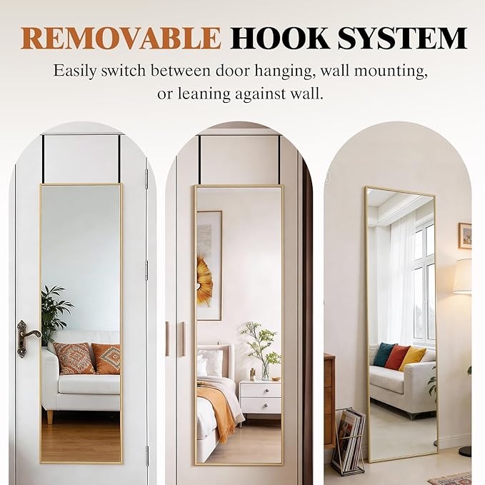 DUMOS 47x14 Inch Full Length Mirror Over the Door, Wall Mounted Full Body Mirror, Door Hanging Metal Aluminum Alloy Frame Dressing Mirrors for Bedroom, Living Room, Entryway, Gold