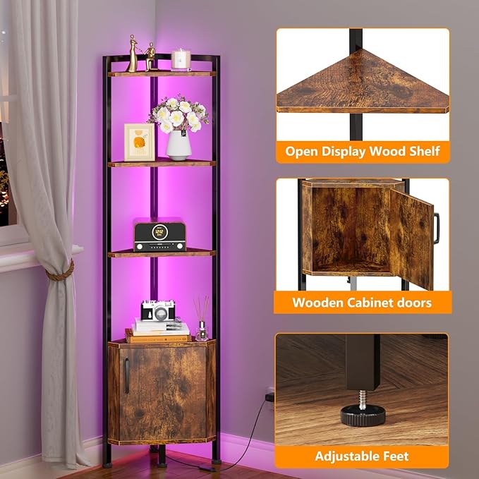 Furnulem Corner Shelf,5-Tier Corner Cabinet with Storage and LED Light, 62.8” Standing Display Bookshelf for Bedroom, Living Room, Kitchen, Wood Display Shelf (Rustic Brown)