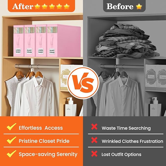 WOWBOX Sheet Organizers and Storage,Closet Bed Sheet Organizer Under Bed Storage and Organization with Label Cards & Clear Window for Bedding Sheets,Duvet Covers,Blankets (8 Pack，Pink)