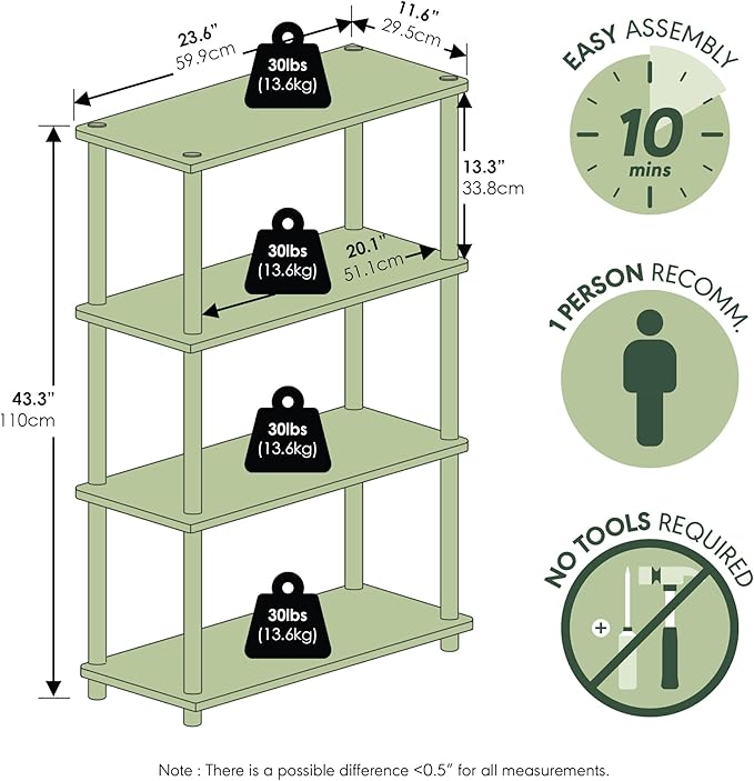 Furinno TURN-N-TUBE Storage Shelves, 4-Tier Toolless Book Shelf, Corner Shelf, Toolless Open Shelves, for Organization and Storage, Living Room, Garage, Home Office, Black