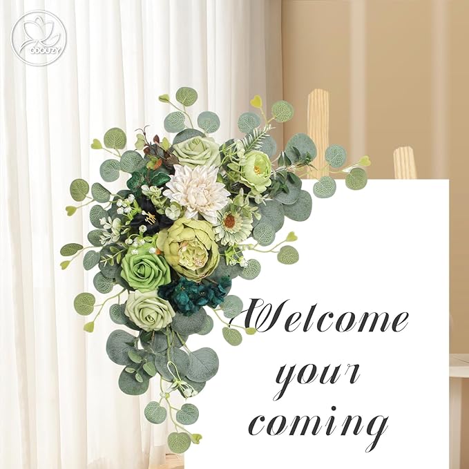 Odouzy Artificial Wedding Arch Flowers for Wedding Sign,Set of 2 for Wedding Welcome Ceremony Sign,Faux Floral Swags,Wedding, Banquet and Reception Backdrop Floral Decoration (Dark Green)