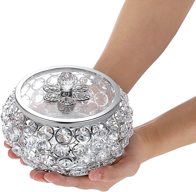 Hipiwe Crystal Jewelry Trinket Box with Glass Lid Large Silver Mirrored Treasure Box Decorative Jewelry Box Ring Earrings Necklace Storage Keepsake Box Gift for Women