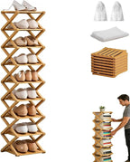 The 9-Tier No-Assembly Bamboo Rack, Bamboo Shoe Rack, Foldable Shoe Rack, Space Saving Collapsible Shelves for Entryway, Closet, Bathroom, Bamboo Shoe Rack, Foldable Shoe Rack (Wood, 9Tier)
