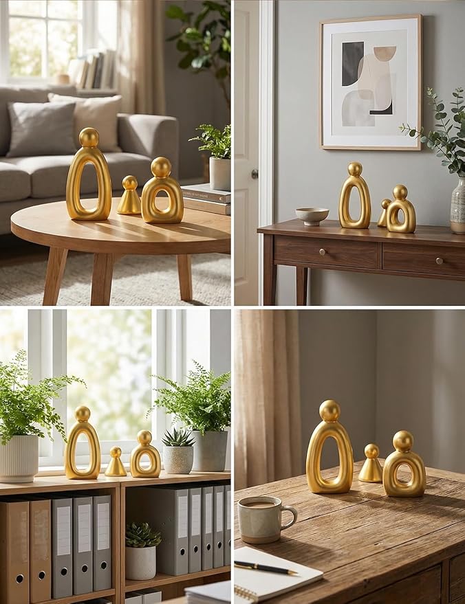 Abstract Family of 3 Figurines Modern Sculptures - Minimalist Home Decor for TV Stand, Bookshelf, Living Room | Decorative Accents and Gift Ideas as Knick Knacks for Shelves (GLOD)