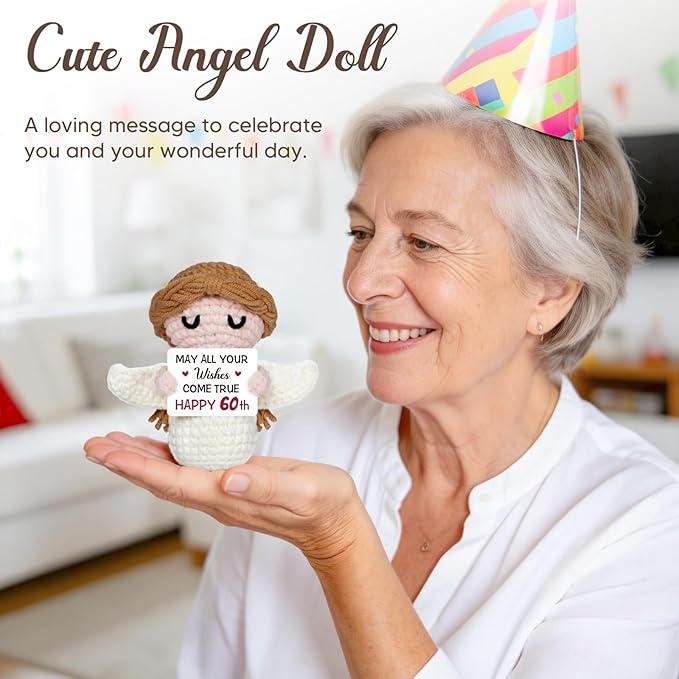 60th Birthday Gifts for Women Men, 1966 60th Birthday Decorations, Happy 60 Year Old Gifts for Family Friends Colleagues - Handmade Positive Angel Crochet Doll