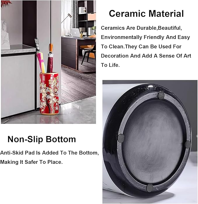 Luxurious Red Ceramic Umbrella Stand, Floor Standing Cane Holder Placed Multi-Functional Painted Porcelain Chinese Umbrella Holder Handmade Appliques Umbrella Stand, for Hotel Office Home Entrance