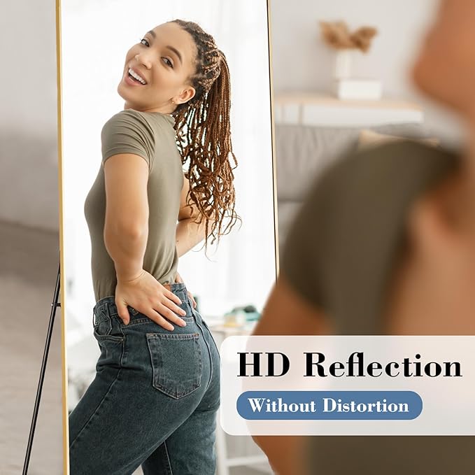 DUMOS 65"x24" Full Length Mirror, Full Body Mirror with Aluminum Alloy Thin Frame, Standing Mirrors with Leaning or Hanging, Suitable for Bedroom, Livingroom, Cloakroom, Gold