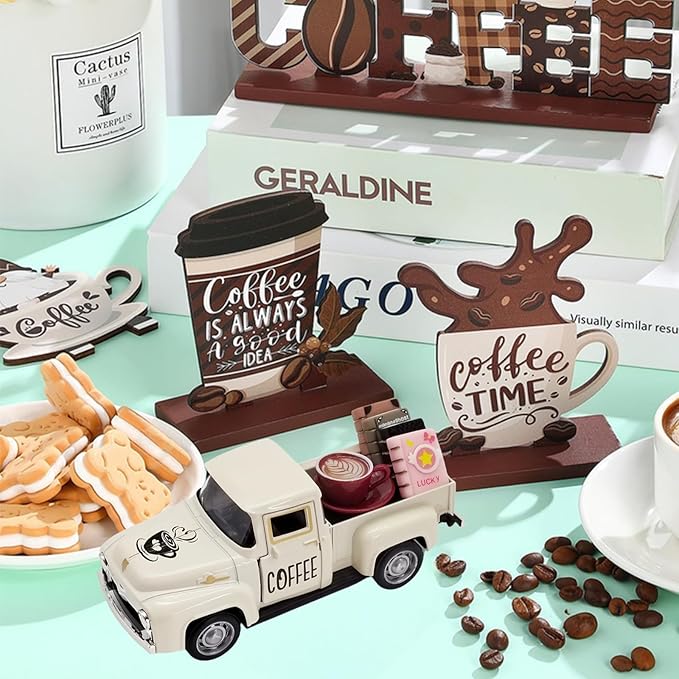 Coffee Bar Decor Vintage Mini Metal Pickup Truck Decor with Book Accessories for Coffee Station, Farmhouse Tiered Tray Table Decorations for Home Kitchen, Cafe