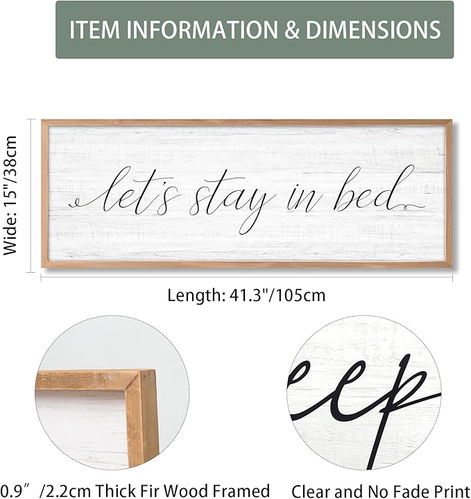 Lets Stay in Bed Wall Decor Above Bed 41.3''×15'' Large Farmhouse Wall Decor for Bedroom Guest Room Decor Framed Wood Wall Art Rustic Master Bedroom Wall Decoration (brown frame)