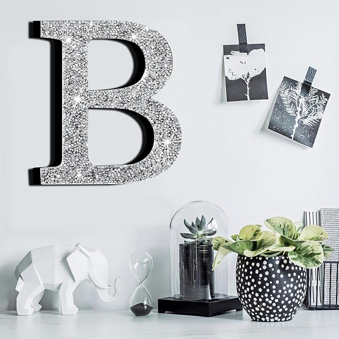 Qunclay 12'' Silver Crystal Diamond Bling Letters Crushed Diamond Decoration Wooden Glitter Letter with Screw and Hooks Rhinestone Gift for Wedding Y2k Mcbling Bedroom Wall Decor (Letter B)