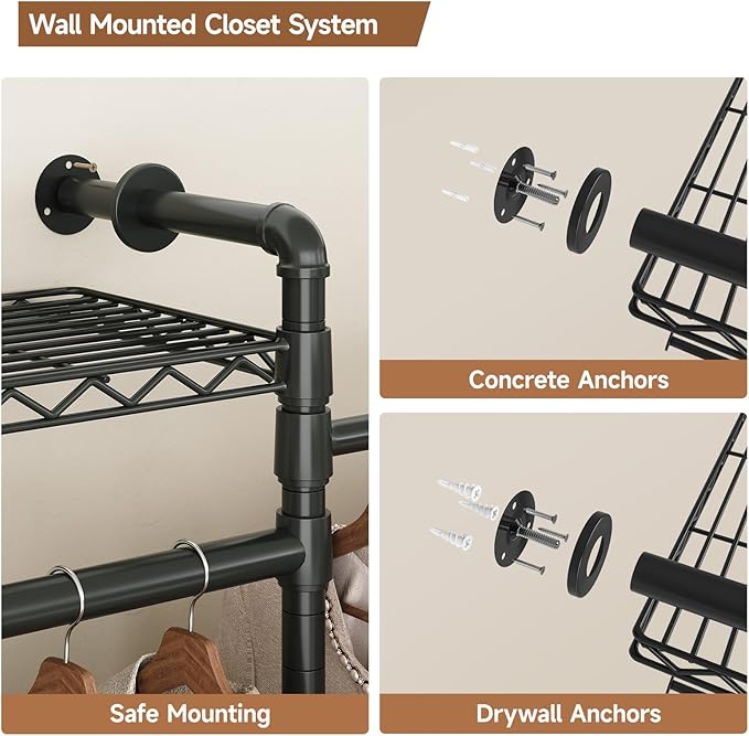 Wall Mounted Garment Rack, Industrial Pipe Metal Clothing Rack with 6 Hanging Rods (4 Expandable) & 8 Shelves, Closet Organizers and Storage System for Bedroom, Walk in Closet
