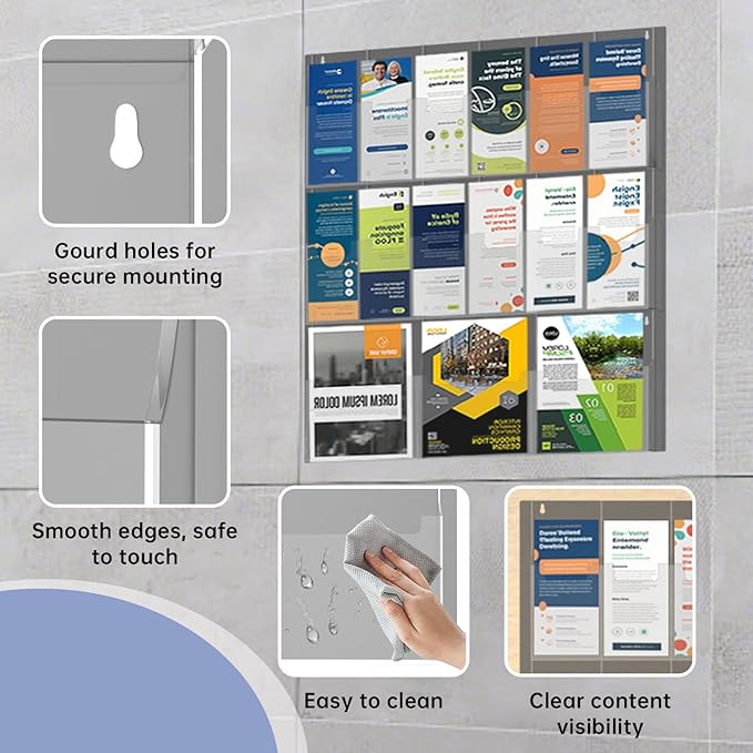 Acrylic Brochure Pamphlet Holder, 3 Magazine Holders and 12 Pamphlet Holders, Wall Mount Display Rack, Trifold Flyer Holder, Literature Organizer for Home, Office, Dual-Tone Clear Front & Black Back