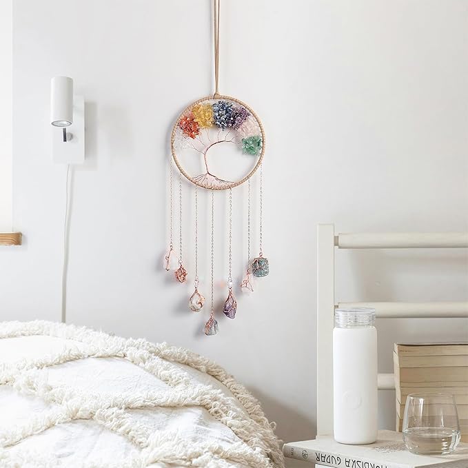 7 Chakra Wind Chimes Raw Stone Tree of Life Dream Catchers Hanging Ornament Natural Crystal Wind Chime for Home Garden Decoration(Gold)