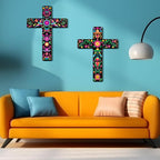 Pinkunn 2 Pcs Mexican Cross Wall Decor Floral Day of The Dead Decoration Hand Painted Wood Wall Art Dia De Los Muertos Altar Decorations Spanish Cross Decor for Home(Flower)