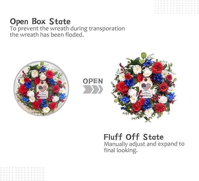 Idyllic 20Inch 4th of July, Patriotic, Independence Day Wreath for Front Door, Red White and Blue Flower Memorial Day, Independence Day Wreath for Front Door Wall Window Decor