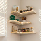 Floating Corner Shelves Set of 3, Solid Wood Picture Wall Shelf, Floating Shelves for Storage for Bedroom Kitchen Bathroom Living Room (Light Burnt)